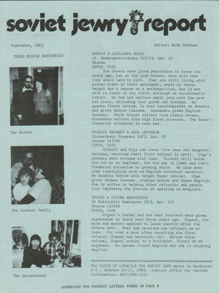 Soviet Jewry Report (Boston Action), September 1983