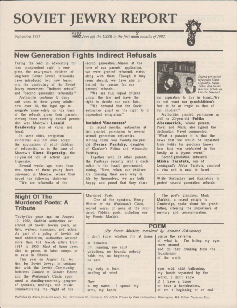 Soviet Jewry Report (Boston Action), September 1987