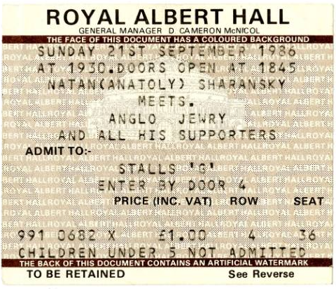 Sharansky at Royal Albert Hall, 1986 ticket